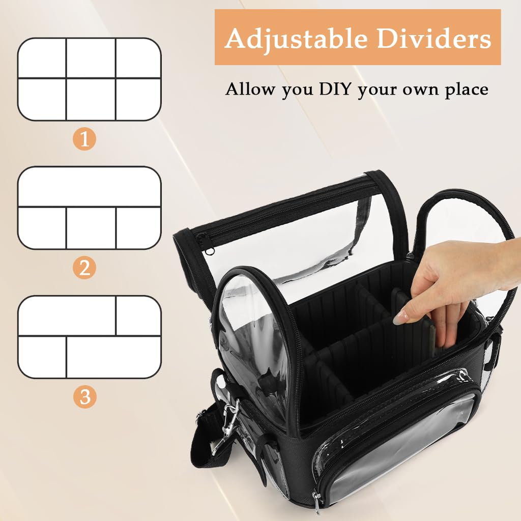 Zibuyu Clear Waterproof Makeup Organizer Bag for Travel with Adjustable Dividers 24x24x14cm | Transparent PVC Case with Handle and Shoulder Strap