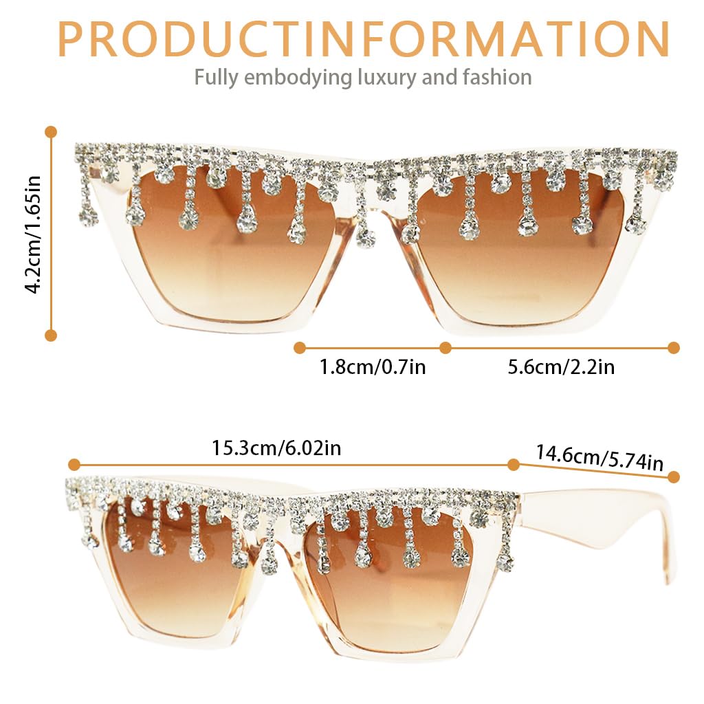 PALAY® Women Sunglasses Fashion Accessories, Oversized Square Sunglasses Gradient Colored Lens, Stylish Rhinestone Tassels Beach Sunglasses UV Protection Sunglasses Fashion Accessories for Women