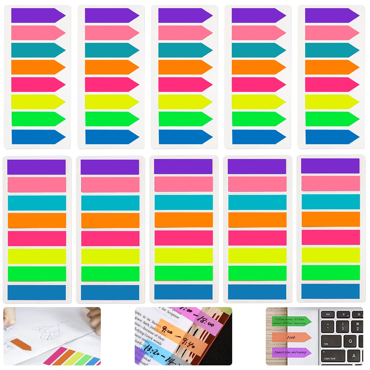 HASTHIP® Sticky Notes 8 Colors Sticky 1600pcs Fluorescent Color Index Tabs Sticky Tabs for Notebook, Books, PET Material Page Tabs Sticky Flags File Index Tabs Office Stationery