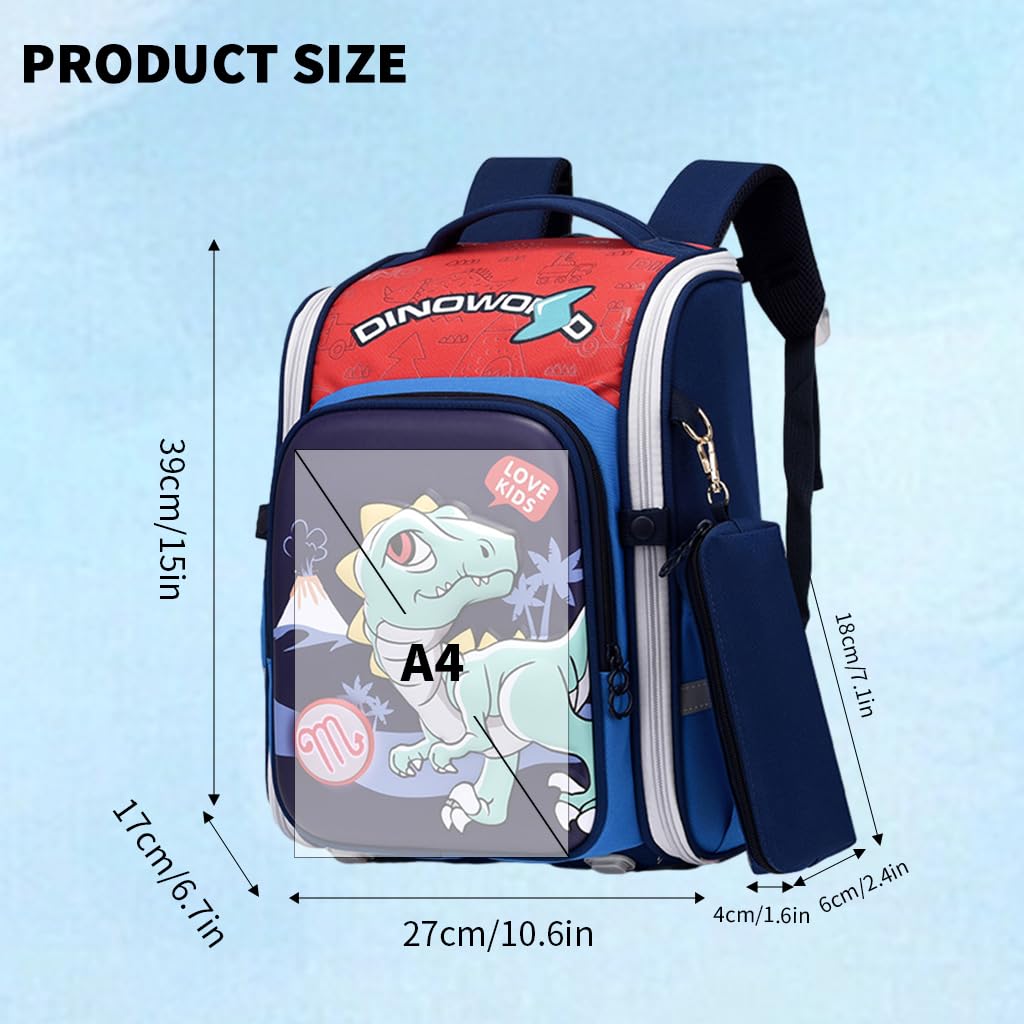 PALAY Boys School Backpack for Primary Students with 39×27×17cm Storage and Ergonomic Design | Blue Dinosaur Print with Reflective Safety Strips