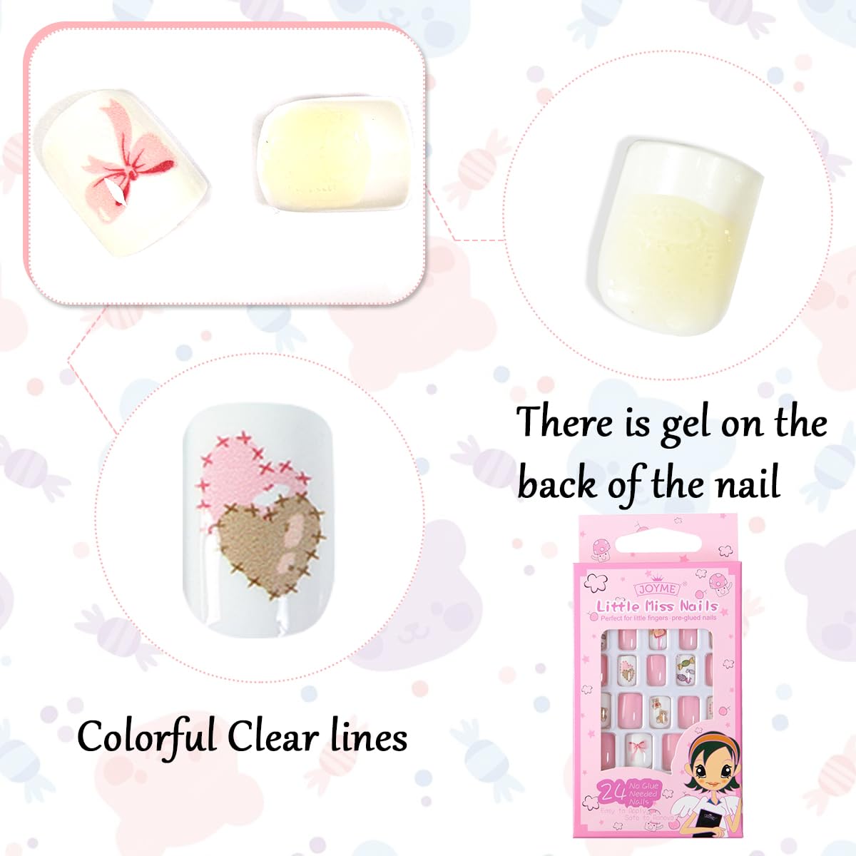 MAYCREATE Kids Press on Nails with Pre Glue Full Cover ABS Tips for Girls | 24pcs Cute Gift Set