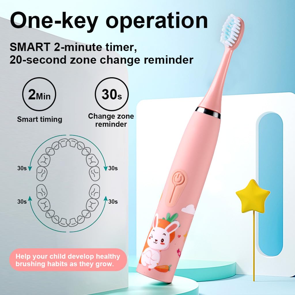 HANNEA® Sonic Electric Toothbrush for Kids with 5 Modes, 5 Soft Dupont Brush Heads, Smart Timing, One Button Control, USB Electric Toothbrush for Kids Cartoon Electric Toothbrush Gift for Kids Age 3+