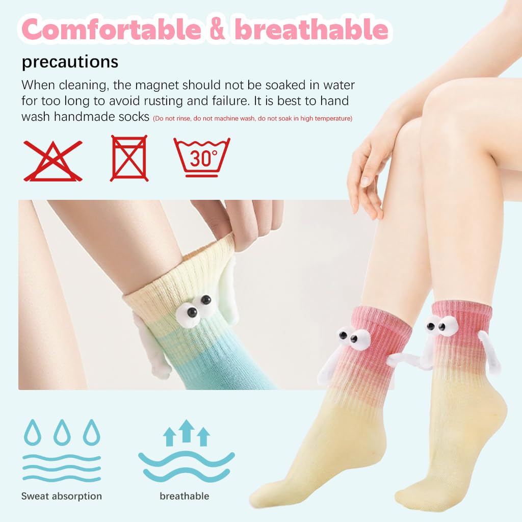 Venzina® 2 Pairs Holding Hands Socks for Women, Funny Cotton Socks for Men, Magnetic Suction Couple Floor Socks Ankle Socks, Teens Friends Socks Birthday Christmas Gift