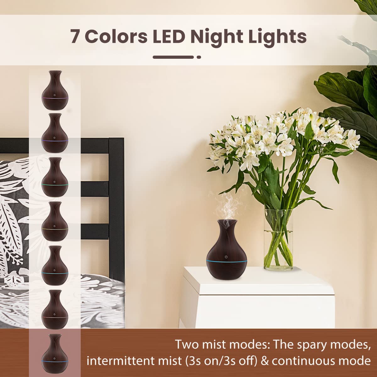 HANNEA Humidifier for Room featuring 7 Color LED Light and Touch Switch | 130ML Wood Grain Vase Design