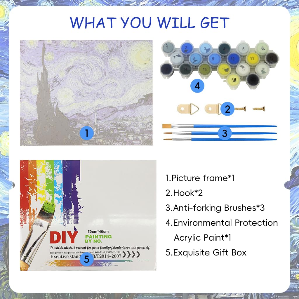 HASTHIP DIY Art Paint Kit by Number for Beginners with Pre Framed Canvas 15.7x19.6 in | Starry Night Oil Painting Set