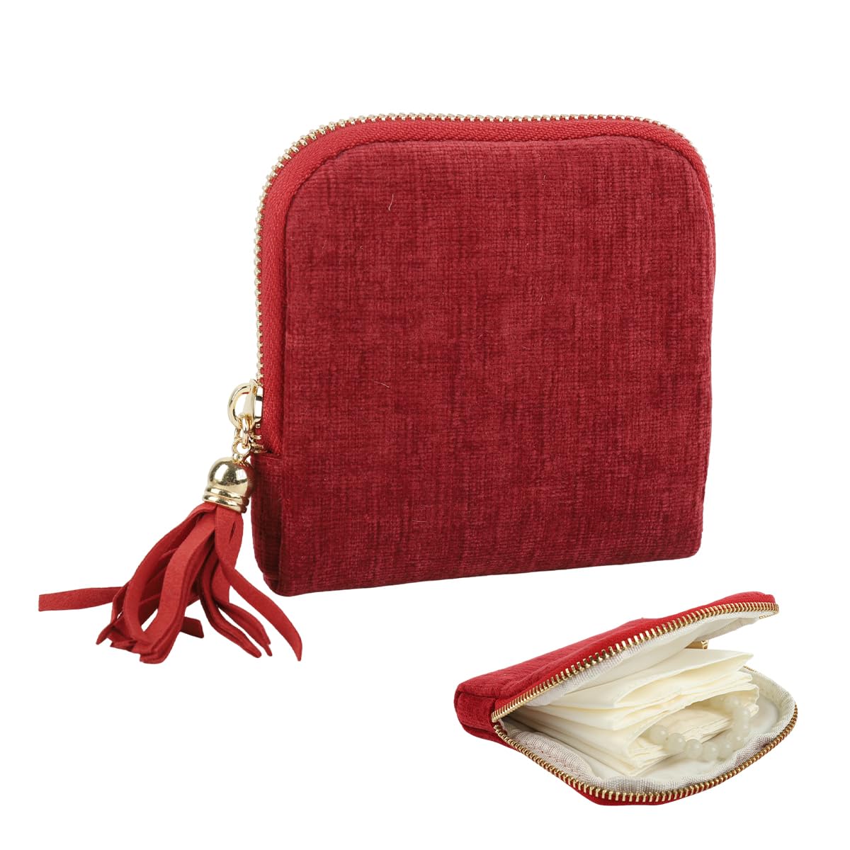 MAYCREATE Jewelry Storage Pouch for Travel with Tassel Zipper 13x11.5cm | Red Organizer