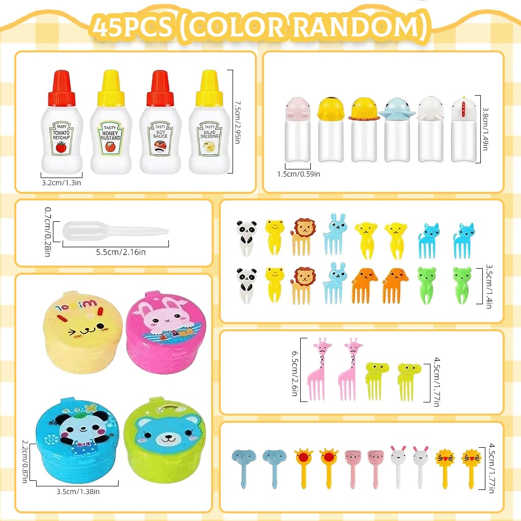 HASTHIP Mini Sauce Bottle Set for Lunch Boxes with 45pcs Assorted Jars and Fruit Forks | Portable Refillable Dispensers for Kids and Camping