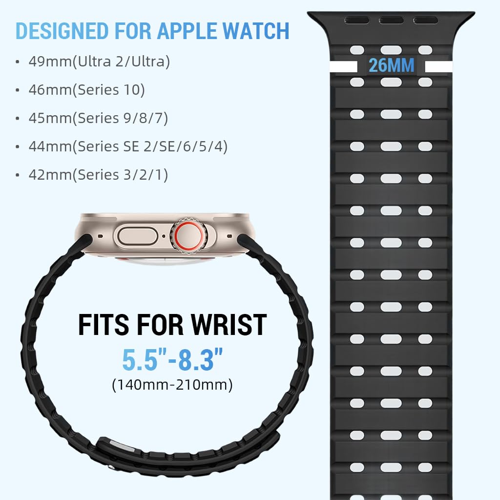 ZORBES Compatible Apple Watch Band for Sports with Magnetic Pin and Tuck Closure | 49mm Silicone Strap for Men and Women