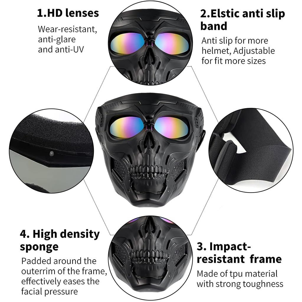 PROBEROS protective goggles with detachable mask for motorcycle riding featuring skull design and UV protection | full face cover for men and women