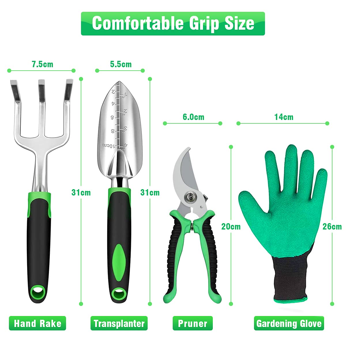 HASTHIP Garden Tool Set for Home Gardening with Rubber Handles and Stainless Steel Tools | 4Pcs Spade Cultivator Pruner Gloves