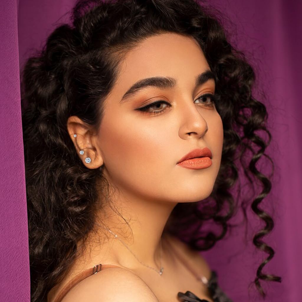 SANNIDHI Earrings for Women featuring 5 Pairs Cubic Zirconia Studs 3–8mm in Silver | Hypoallergenic Stainless Steel