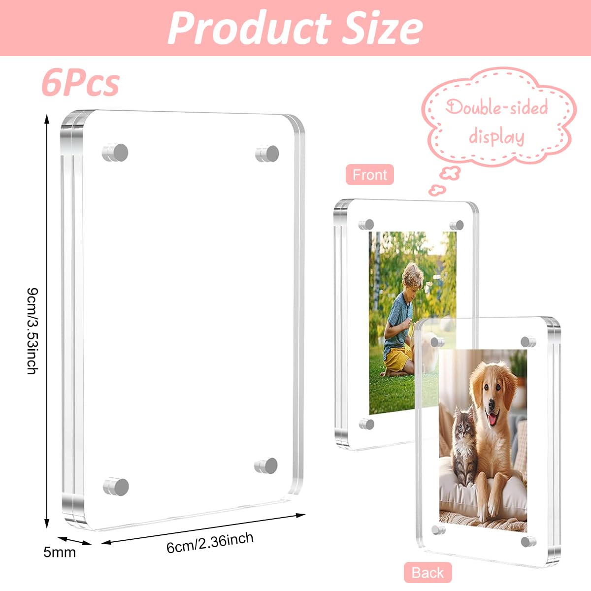 HASTHIP Rectangular Photo Frame for Refrigerator 2.36x3.54 in with Strong Magnetic Hold | Clear Acrylic Pack of 6