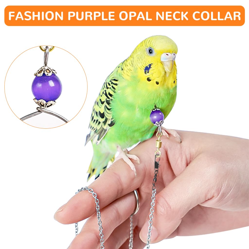 Qpets® Parrot Chain Harnesses Purple Opal Charm Neck Ring with 50cm Chain Parrot Neck Collar Chain Harnesses with Quick Release Buckle Fashion Bird Accessories, Size L