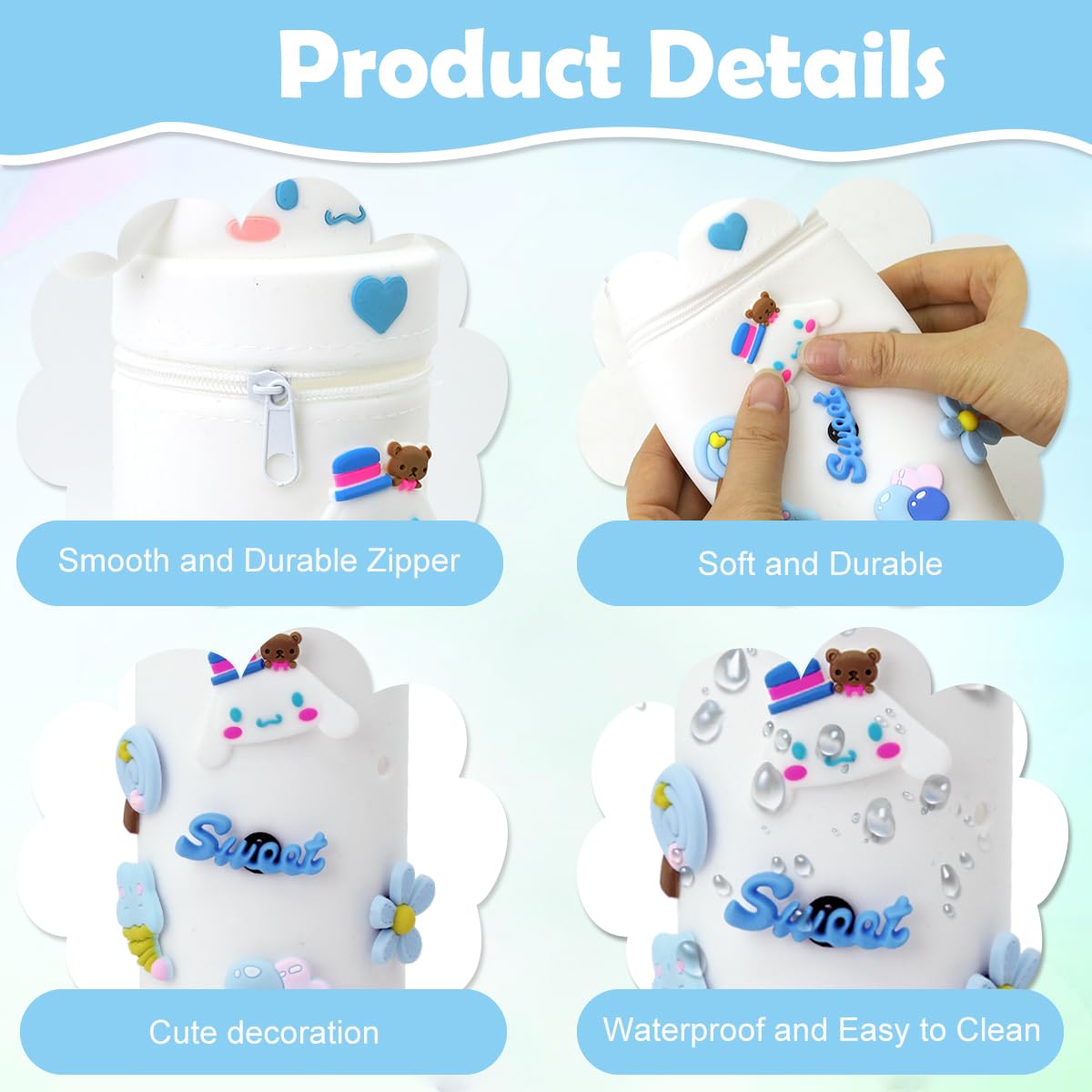 PATPAT Pencil Pouch for Kids with Multi Hole Design featuring Silicone Material and Kuromi Charms | Cute Blue Stationery Bag for School