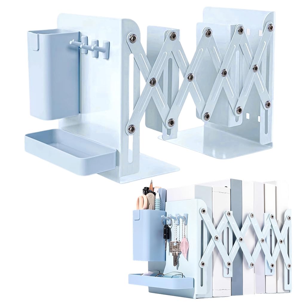 OFIFO Telescopic Bookshelf Desk Organizer with 17.7 in Adjustable Metal Frame & Utility Hooks