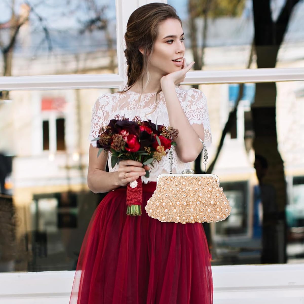PALAY Evening Bag for Women with Pearl Rose Decoration and Detachable Metal Handle | Apricot Clutch for Party and Prom