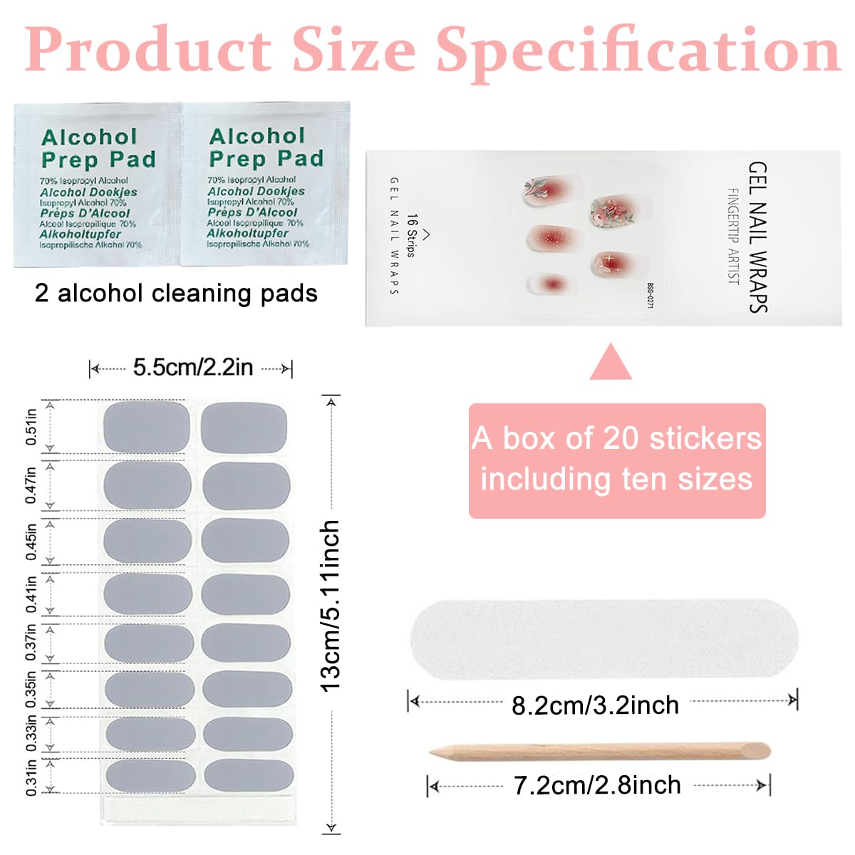 MAYCREATE® 16PCS Gel Nail Strips, French Gel Nail Stickers, UV Free, Long Lasting Nail Wraps for Women, French Tip Nail Polsih Stickers, Includes Nail File & Wooden Stick, Style B