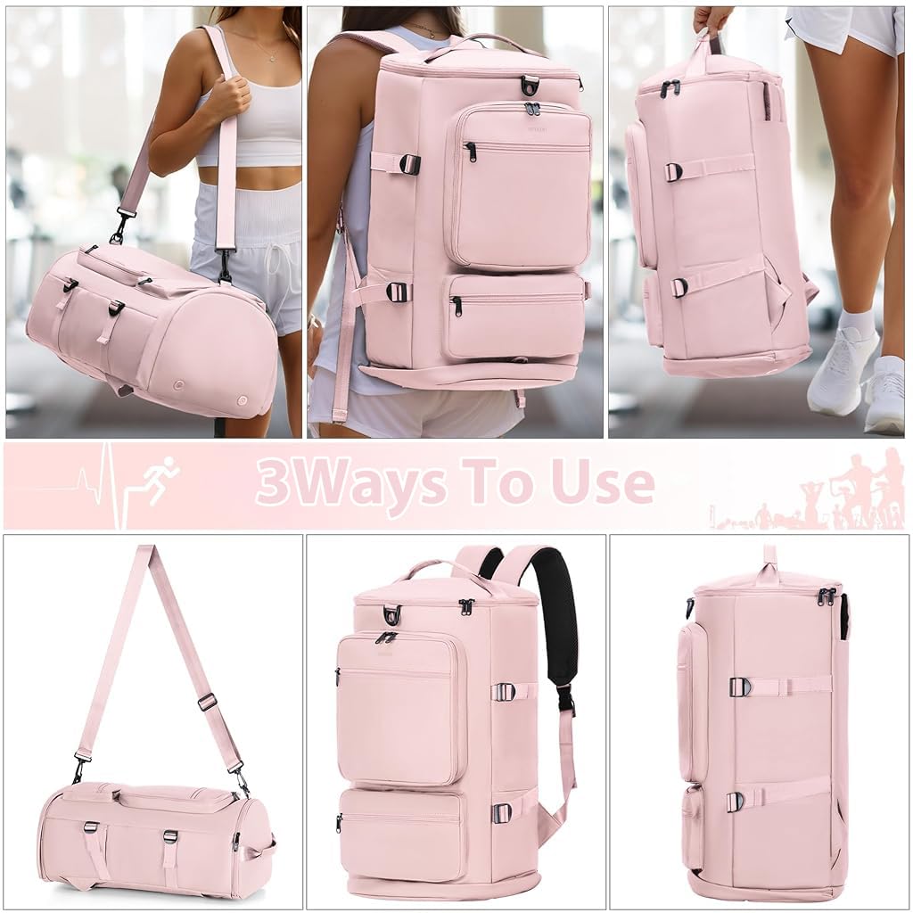 GUSTAVE Gym Bag for Women with 40L Capacity and Shoe Compartment in Pink Nylon | Travel & Fitness Backpack