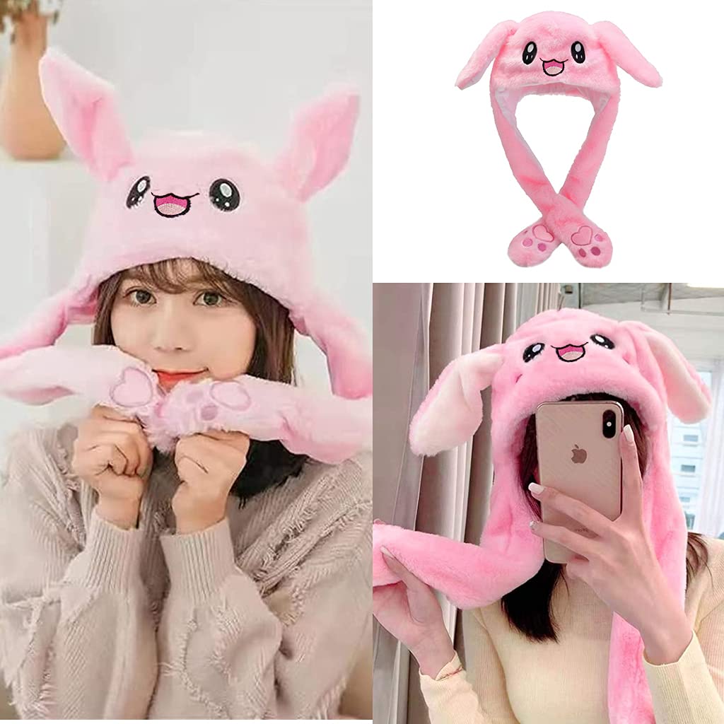 PATPAT Plush Animal Bunny Hat for Girls Women and Kids with Moving Ear Flaps | Soft Pink