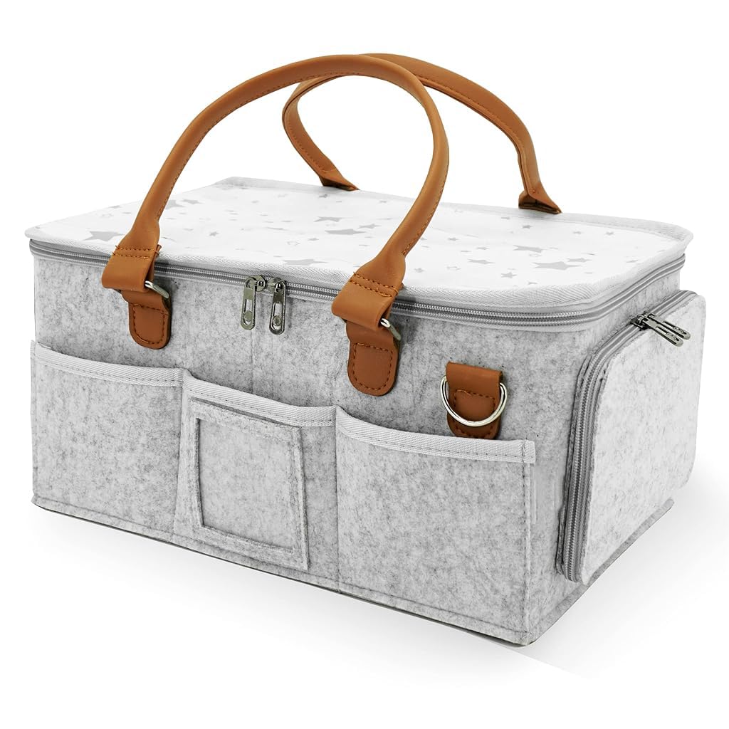 SNOWIE SOFT Baby Diaper Bag Felt Baby Diaper Caddy Bag Organizer Basket with Handle Multi Compartments Carry All Mommy Bag Baby Things Organizer Baby Shower Gifts New Born Essentials