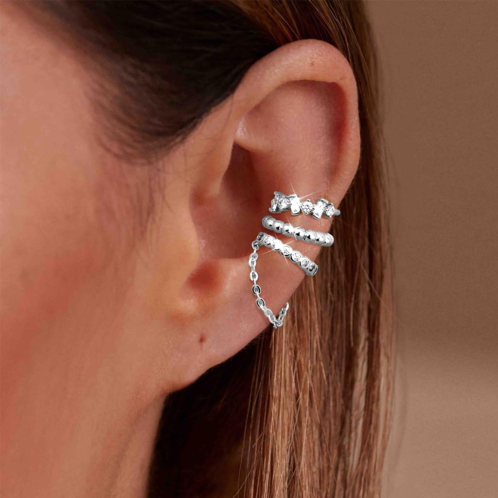 SANNIDHI Ear Cuff Earrings for Women with Non Piercing Clip On Design and Silver Finish | 3 Pairs Hypoallergenic Trendy Jewelry