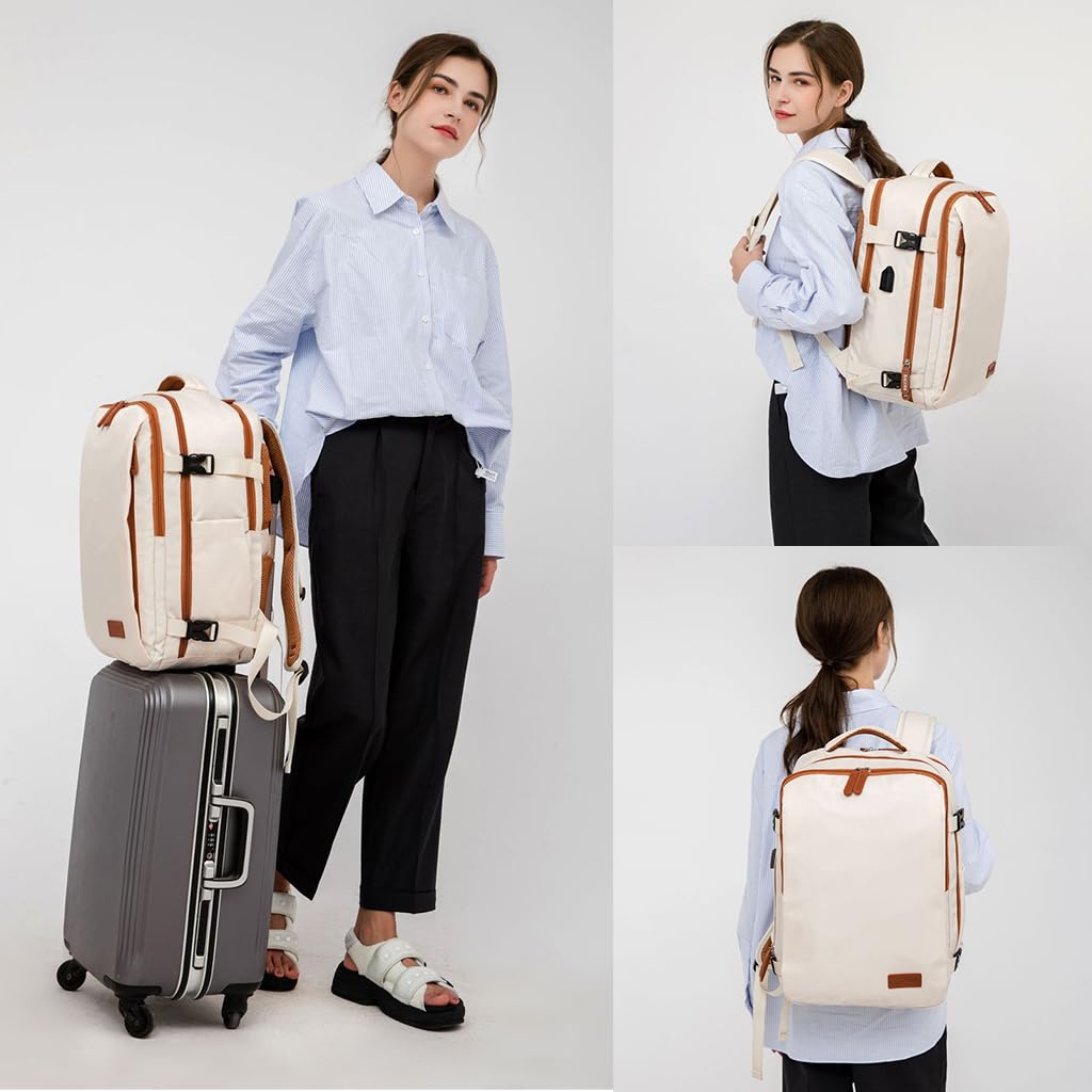 PALAY® Travel Laptop Backpack, 40L Double Layer 15.6 Inch Travel Laptop Backpack Fashion Beige Laptop Backpack Safe Anti-Theft Waterproof Oxford Cloth Laptop Backpack Travel Backpack with Shoe Bag