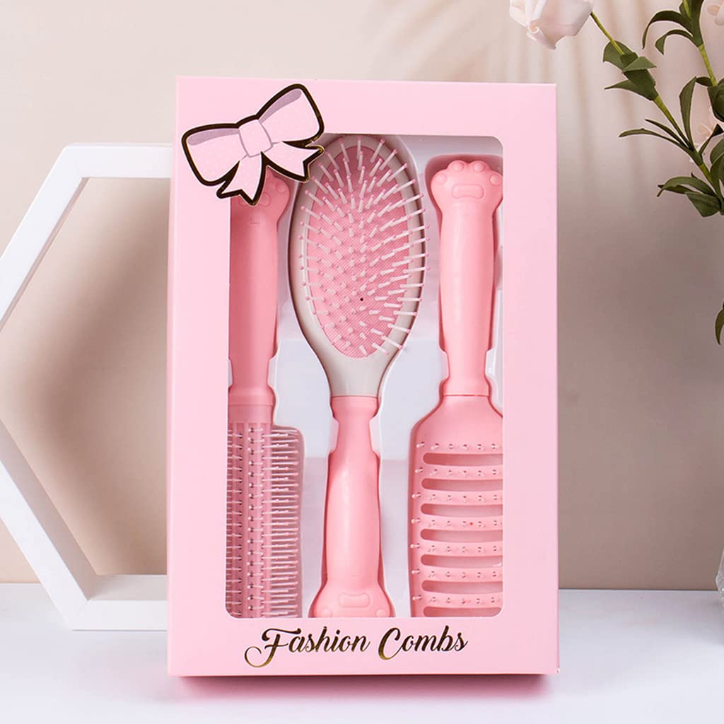 ZIBUYU Hair Brush Comb Set for Detangling and Styling with Ergonomic Handle | Pink 3 Piece Gift Box