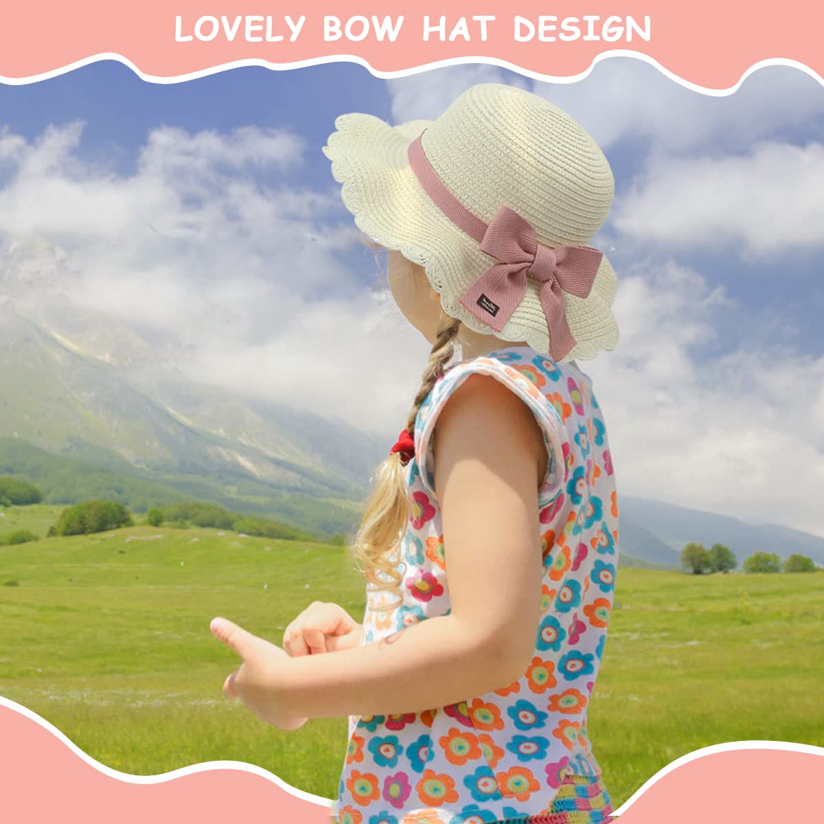 SNOWIE SOFT Summer Straw Hat for Girls Ruffled Brim Hat Sun Straw Bow Hats Beach Hats with Straw Woven Zipper Pouch for Girls 4-6 Years Old Travel Outdoor Hat, Beige