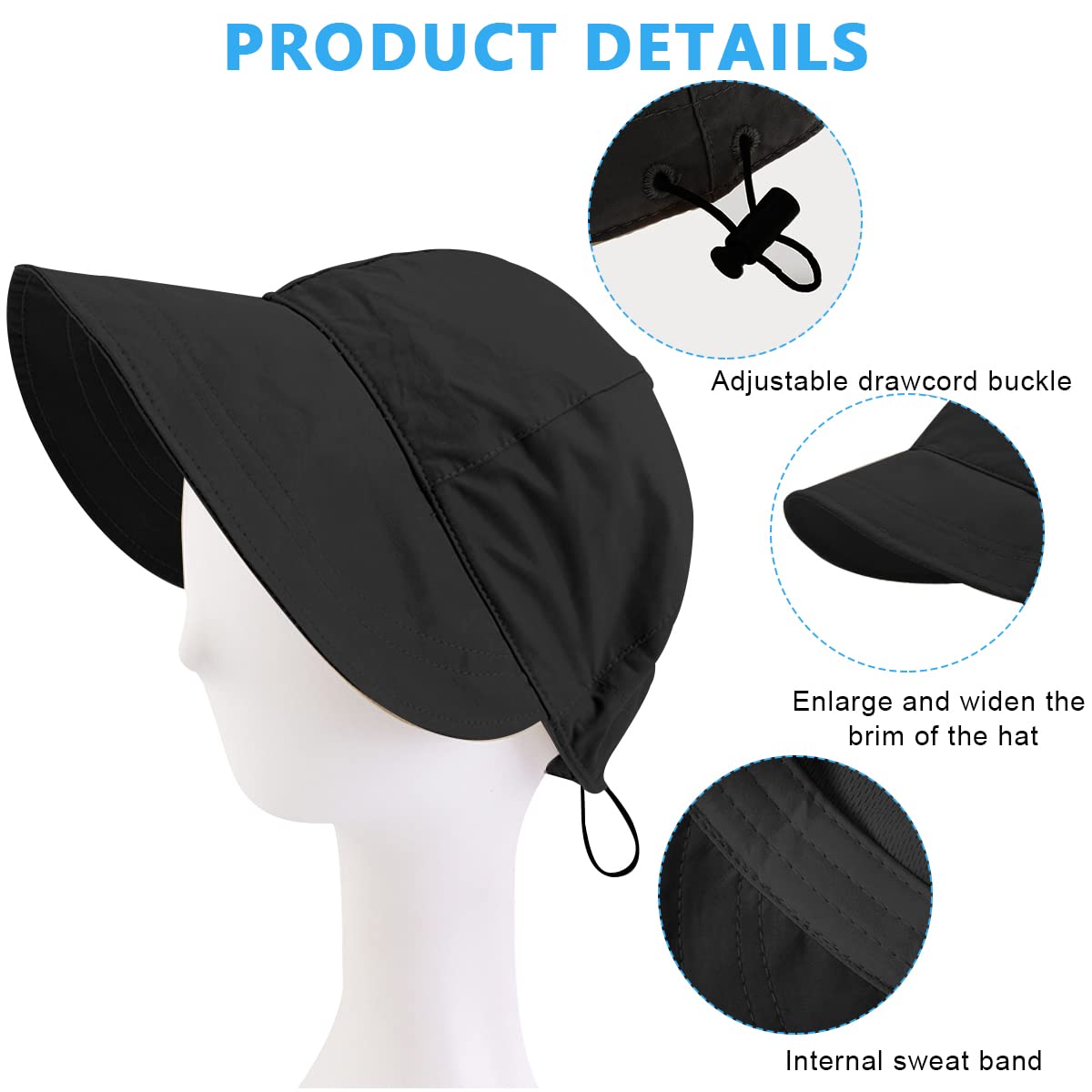 PALAY® Bucket Hat for Women Sun Protection Wide Brim Summer Sun Hats for Women, Fashion Lightweight Quick Dry Cap Beach Hat - Adjustable Drawstring- Black