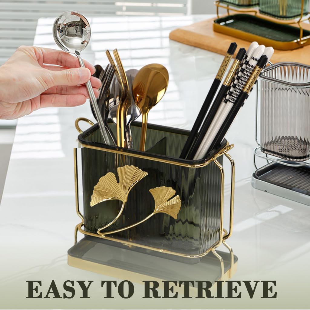 Supvox Cutleries Organizer for Kitchen with Dual Compartments and Drip Tray 17x8x16cm Green