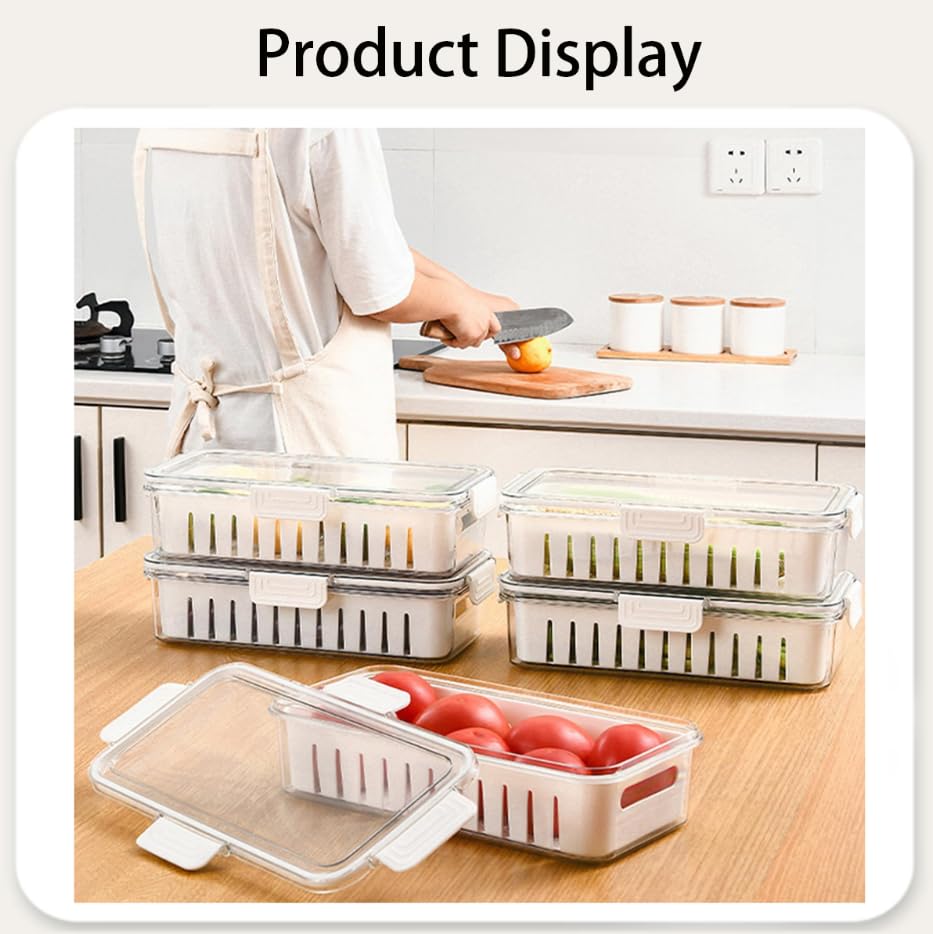 Zibuyu Fridge Storage Containers with Drain Basket and Airtight Lid for Fresh Produce | PET Crisper Box for Kitchen and Picnic Use