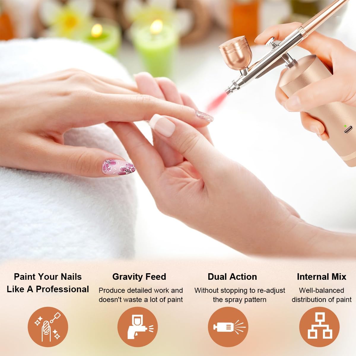 HANNEA Airbrush Kit for Makeup Painting and Cake Decor with 48PSI 0.3mm Nozzle | Rechargeable Cordless Gold Model