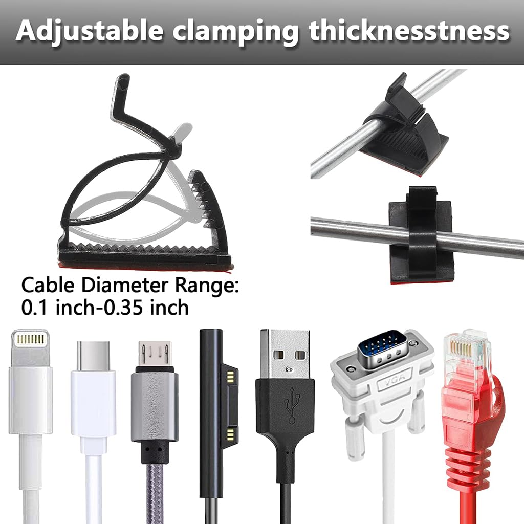 ZIBUYU Adhesive Cable Clips for Desk and Car featuring Toothed Adjustment | 50-Pack Black PA66