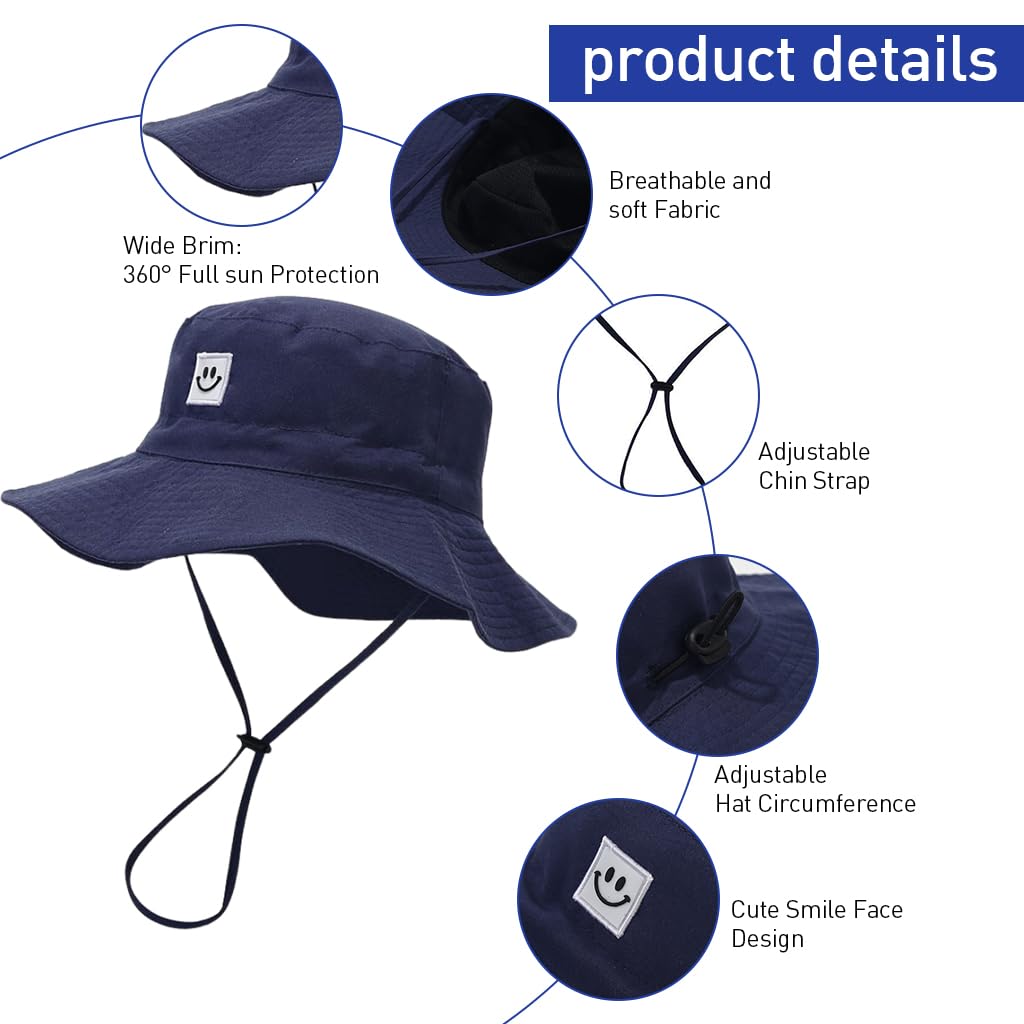 SNOWIE SOFT® 2Pcs Hat for Kids Wide Brim Sun Hat Fashion Bucket Hat UPF 50+ Sun Protection Cap Unisex Sun Hat Outdoor Sun Hat for Kids 4-6 Years, Head Circumference 52 CM Navy Grey