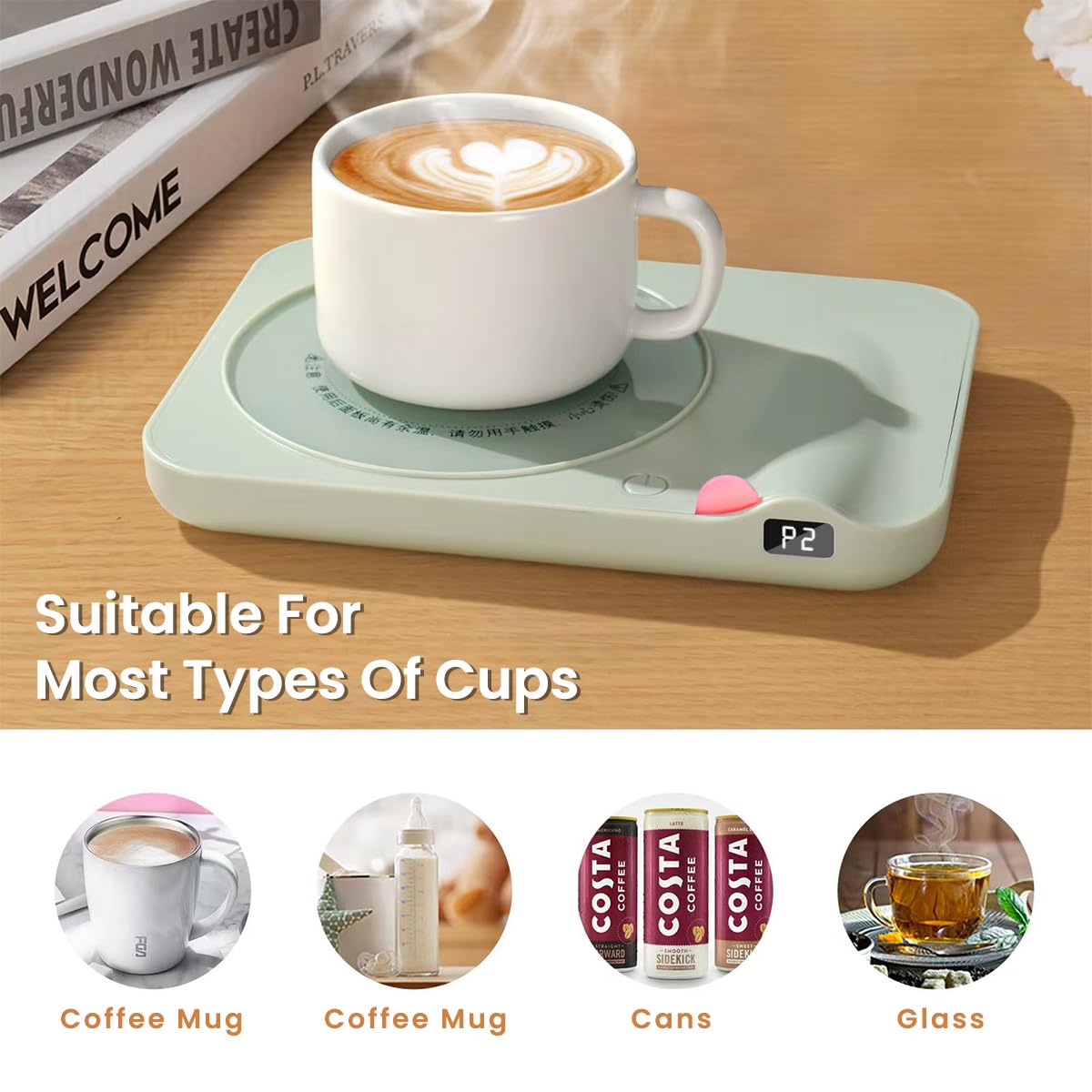 Supvox® Electric Coffee Mug Warmer Milk Warmer with LCD Digital Temperature Display 45-80°C Adjustable Desk Mug Warmer for Glass Cup, Stainless Steel Cup, PP Milk Bottle, Ceramic Cup Birthday Gift