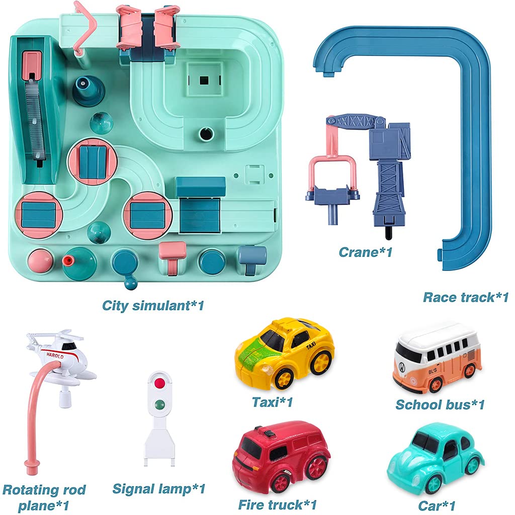 PATPAT Car Race Tracks Toy for Boys Girls Kids, City Rescue Preschool Educational Toy with Random 4 Car Toys, Parent-Child Interactive Car Playsets for 3-8 Years Old Toddlers Boys Girls (Green)