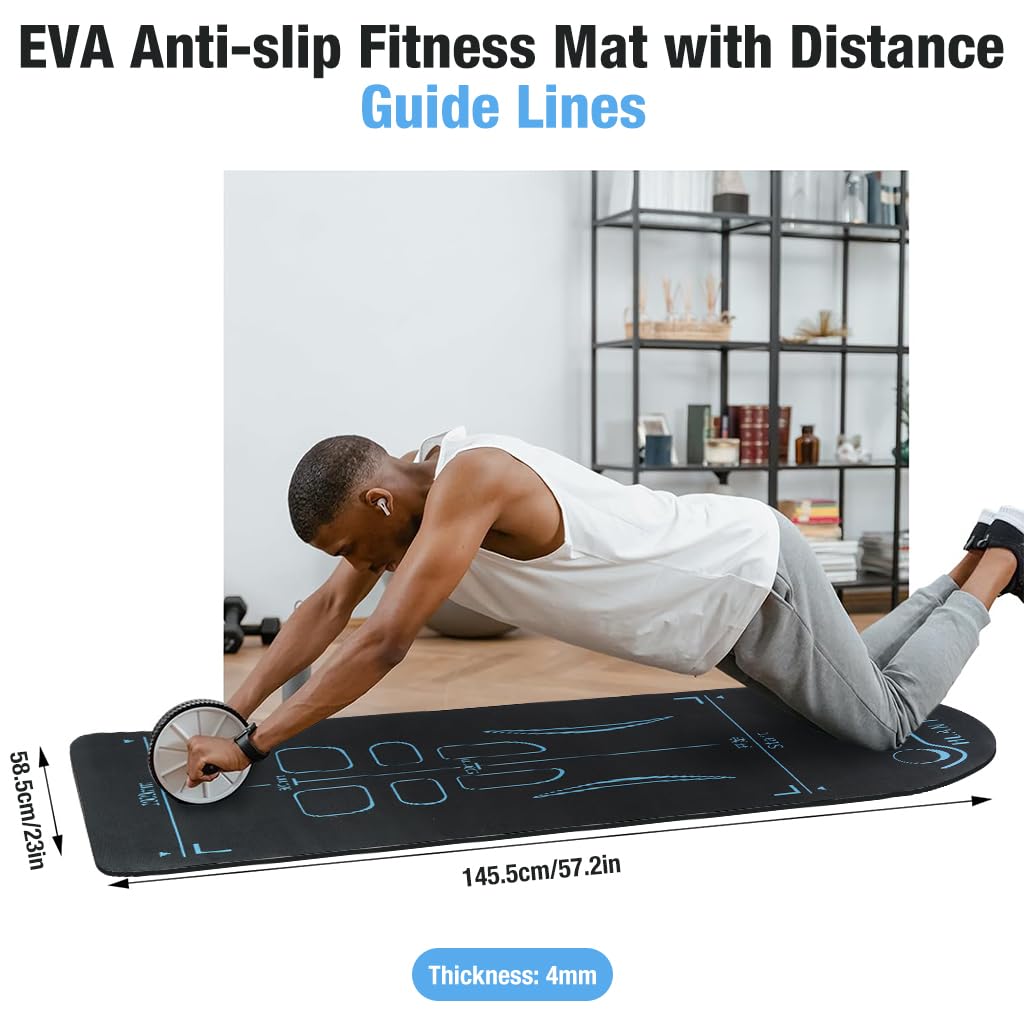 Proberos® Silent Mat for Ab Roller Wheel EVA Anti-slip Fitness Mat with Distance Guide Lines Exercise Mat Abs Training Mat Knee Mat Yoga Mat Fitness Mat, 140cmx56cm