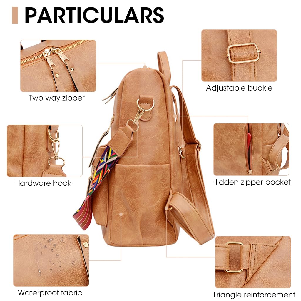 ZIBUYU Women Backpack for Travel and Office featuring Hidden Zipper Pouch | Light Brown PU Leather