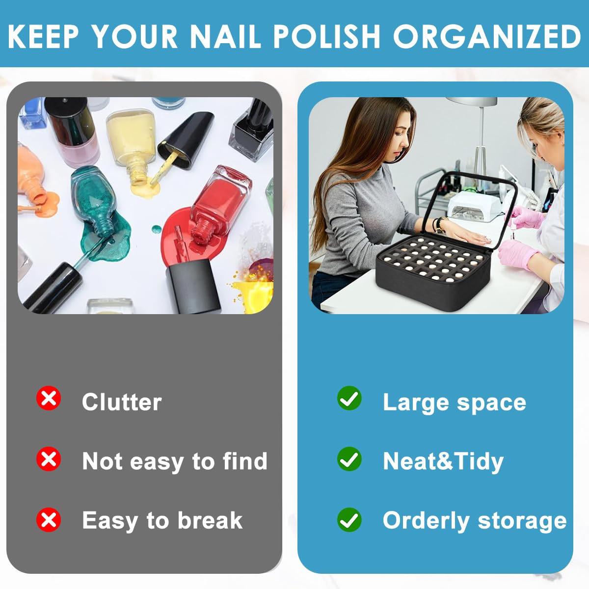 MAYCREATE Nail Polish Organizer for Travel with 30 Bottle Slots and Detachable Foam | Black