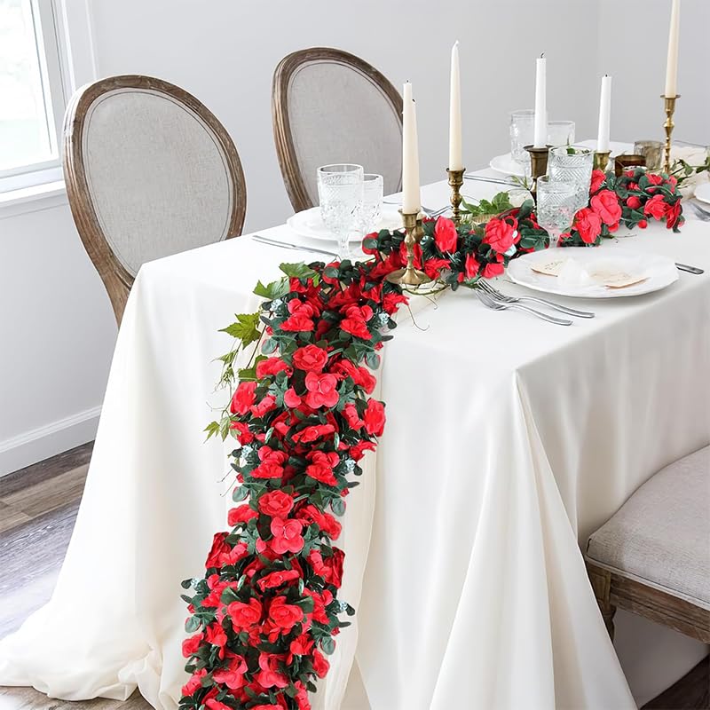 Supvox Artificial Flowers for Decoration with 2.4m Hanging Vines and Red Camellia Blooms | Perfect for Weddings and Home Decor