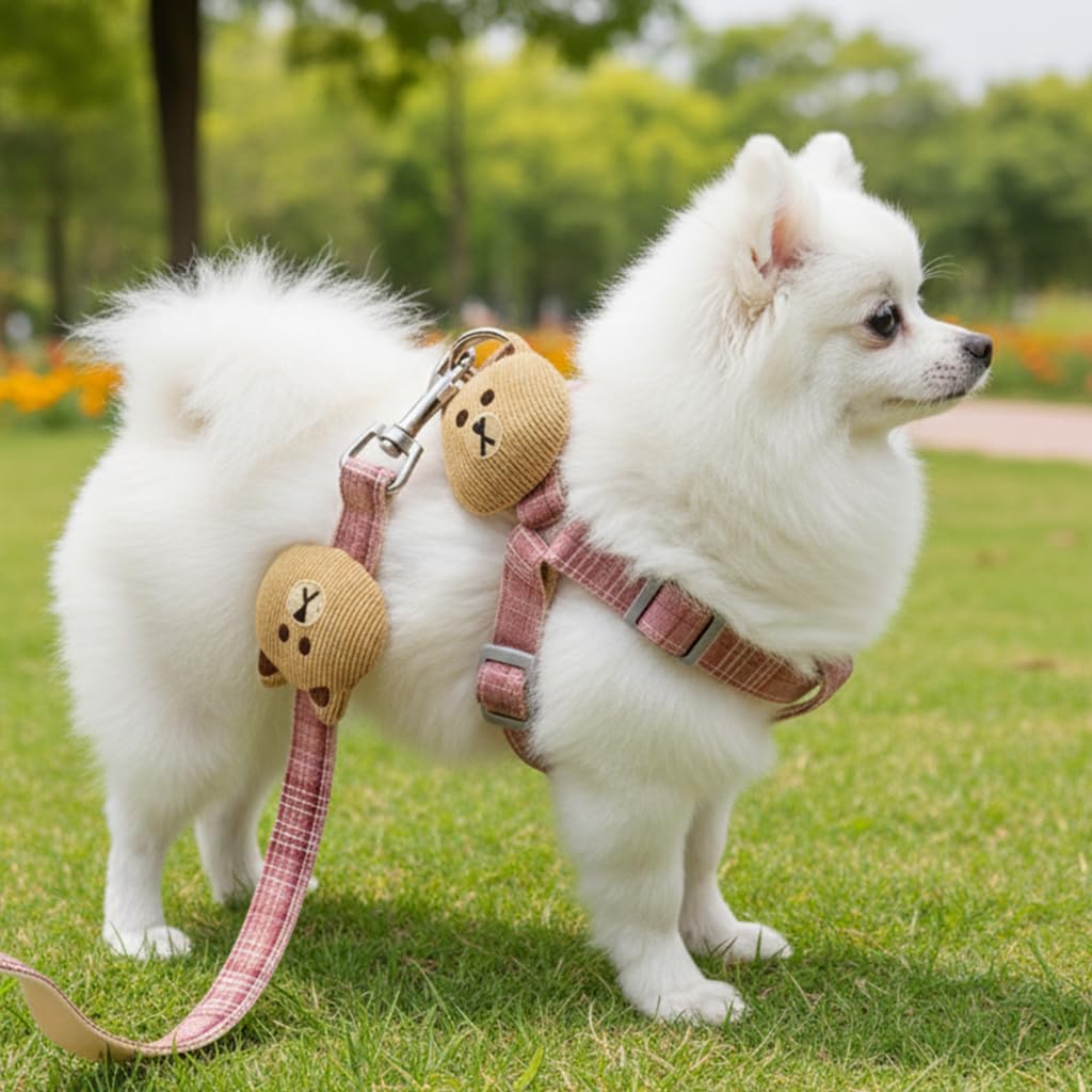 Qpets No Pull Dog Harness and Leash Set with Dual D Rings and 1.2m Tangle Free Design | Adjustable Pink Checked Pattern for Medium Dogs