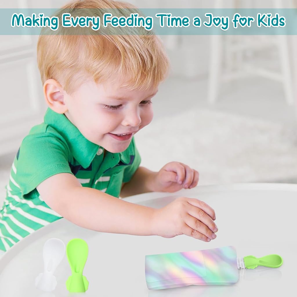 SNOWIE SOFT® 2Pcs Baby Spoon 2 in 1 Silicone Feeding Straw Spoon Puree Bag Connectable Silicone Baby Straw Spoon for Baby Food Bag Pouches Food Pouch Spoon Attachment