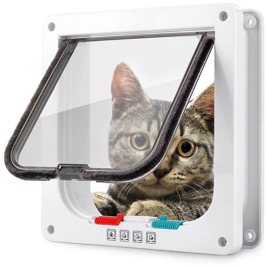 Qpets® Cat Door, 4 Way Locking Pet Door for Small Cat Dog, Indoor Pet House Door Flap Cat Door, Flexible in & Out, Lockable, One Way Out/in, Two Way Out/in Cat Door(Size: Large)