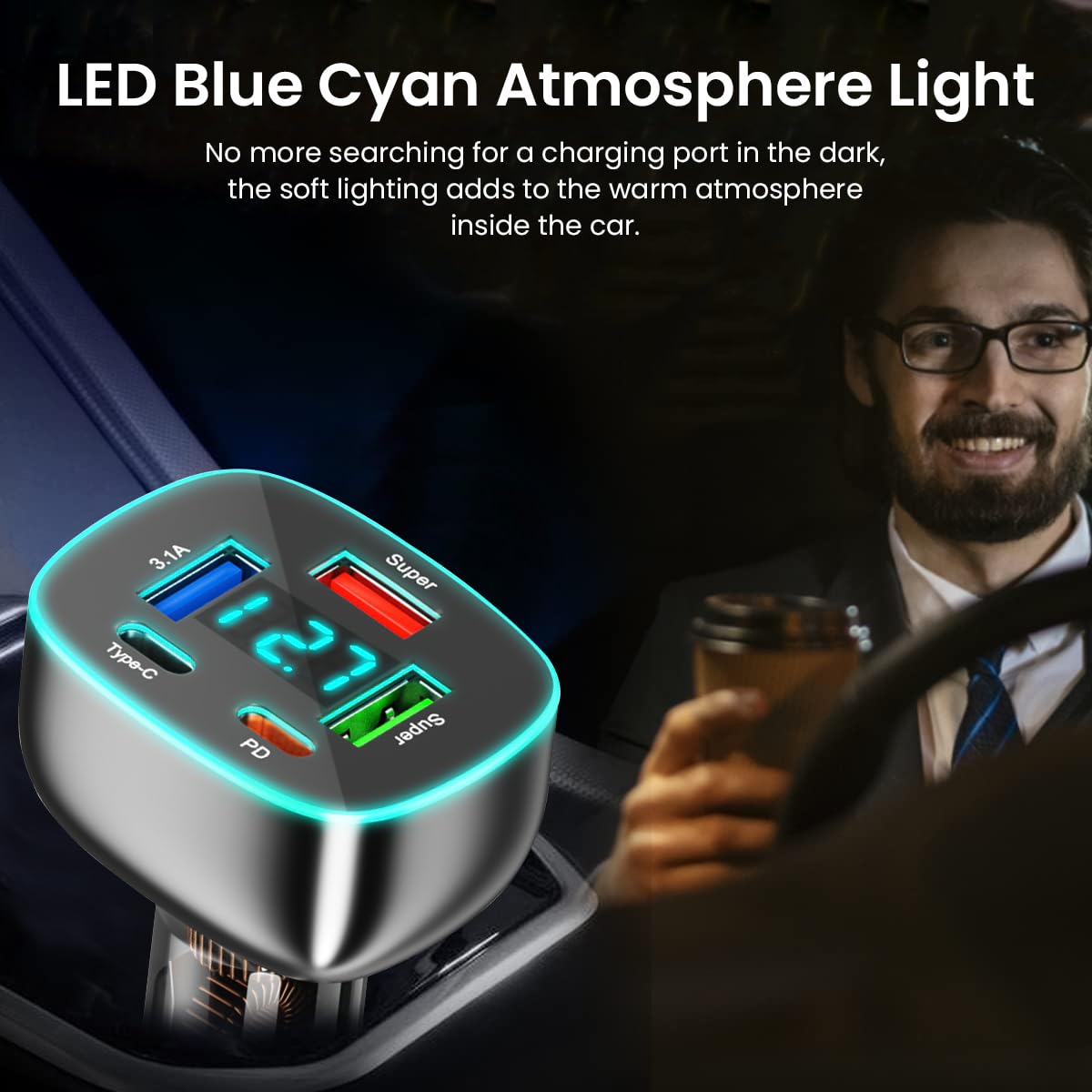 STHIRA USB 3.1 Car Charger for 12V and 24V Vehicles with 106W Output and LCD Display | 5 in 1 Type C PD and USB Ports