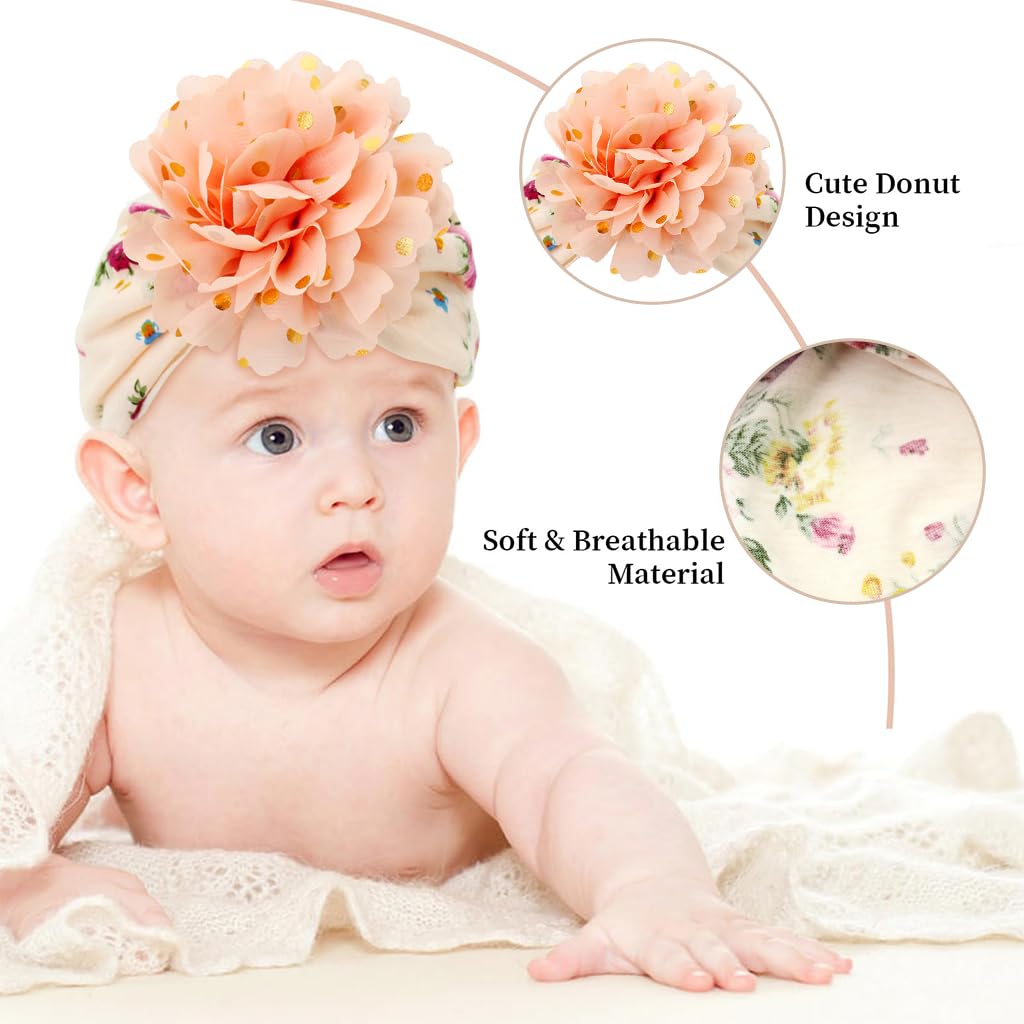 SNOWIE SOFT Turban Cap For Baby Girl,  Flower Printing Baby Cap Nylon Ventilate Kids Cap For Girls Warm Soft Baby Pullover Hat 3pcs set  Caps For Kids Beaty Baby Caps 1-2 Years Old For Kids