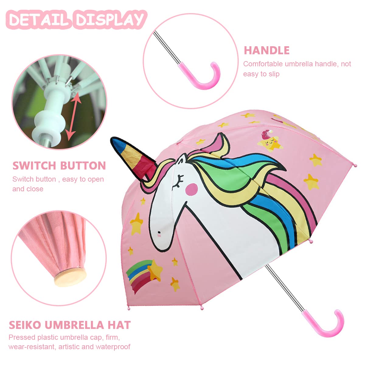 PALAY Kids Umbrella for Rain with 29 inch Canopy and Curved Handle | 3D Unicorn Design