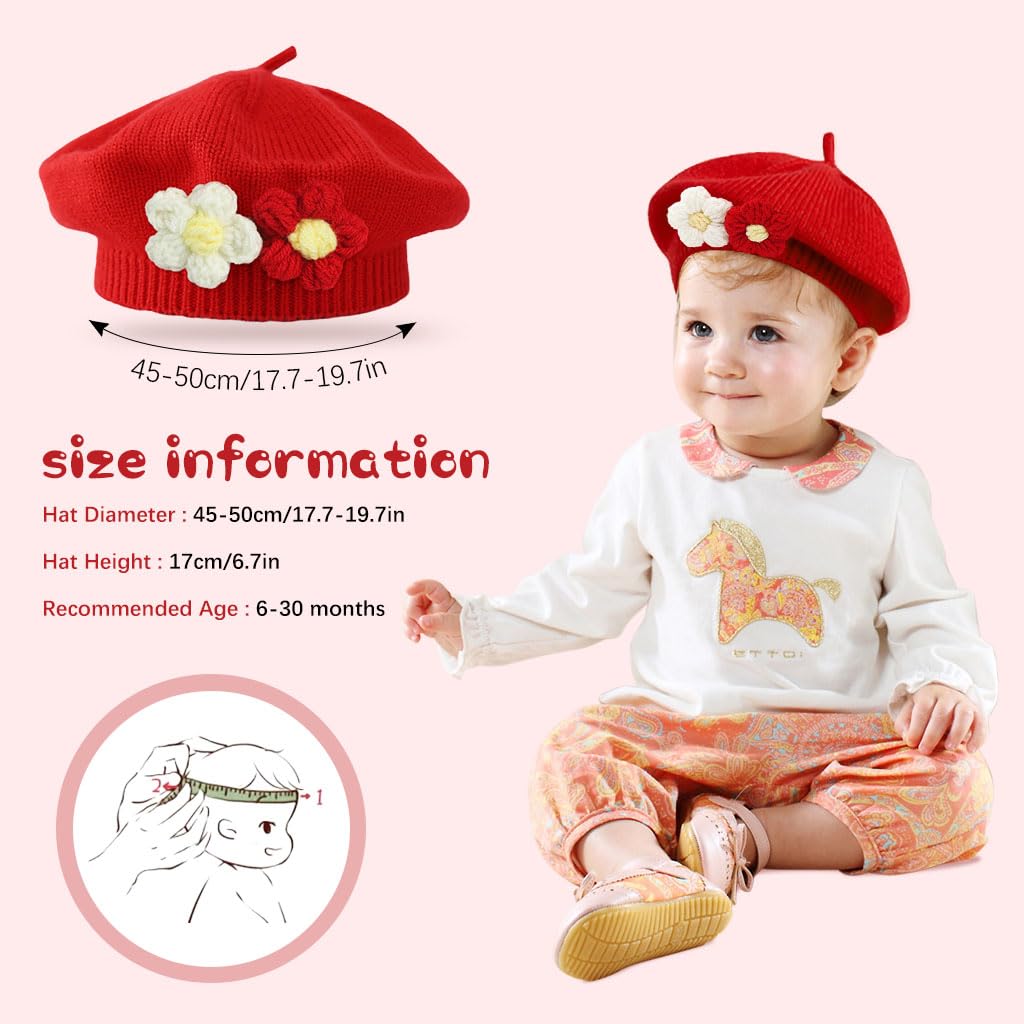 SNOWIE SOFT® Girls Winter Hat Little Red Beret Hat Knitting Flower Winter Hat for Little Girls Winter Soft Warm Winter Hat Cute Girls Baby Girls Hat Christmas Gift for 6-30 Months Baby Girls