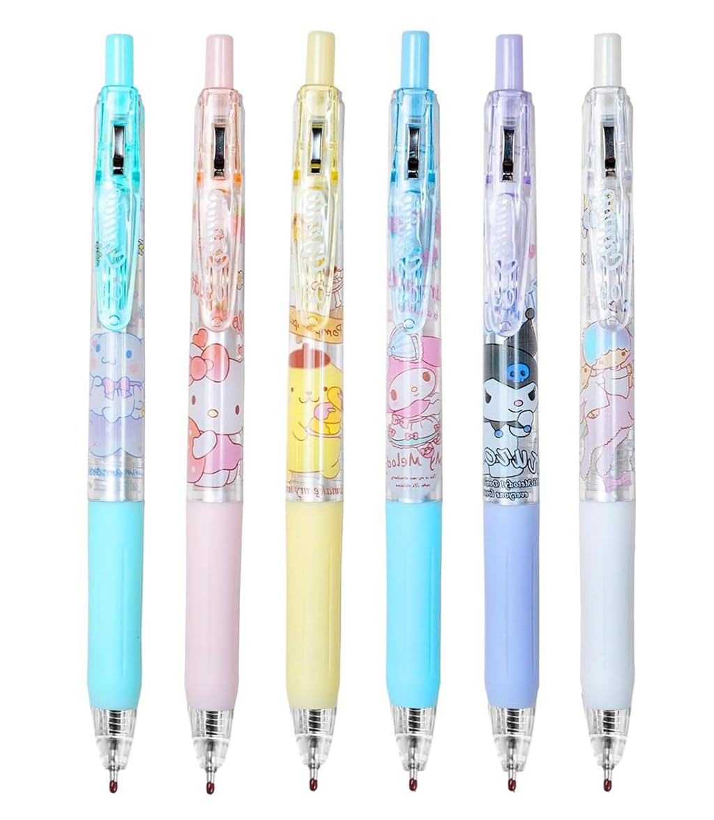 HASTHIP Kawaii Click Pens for School and Office featuring Sanrio Characters 6 Pcs Set | 0.5mm Fine Tip