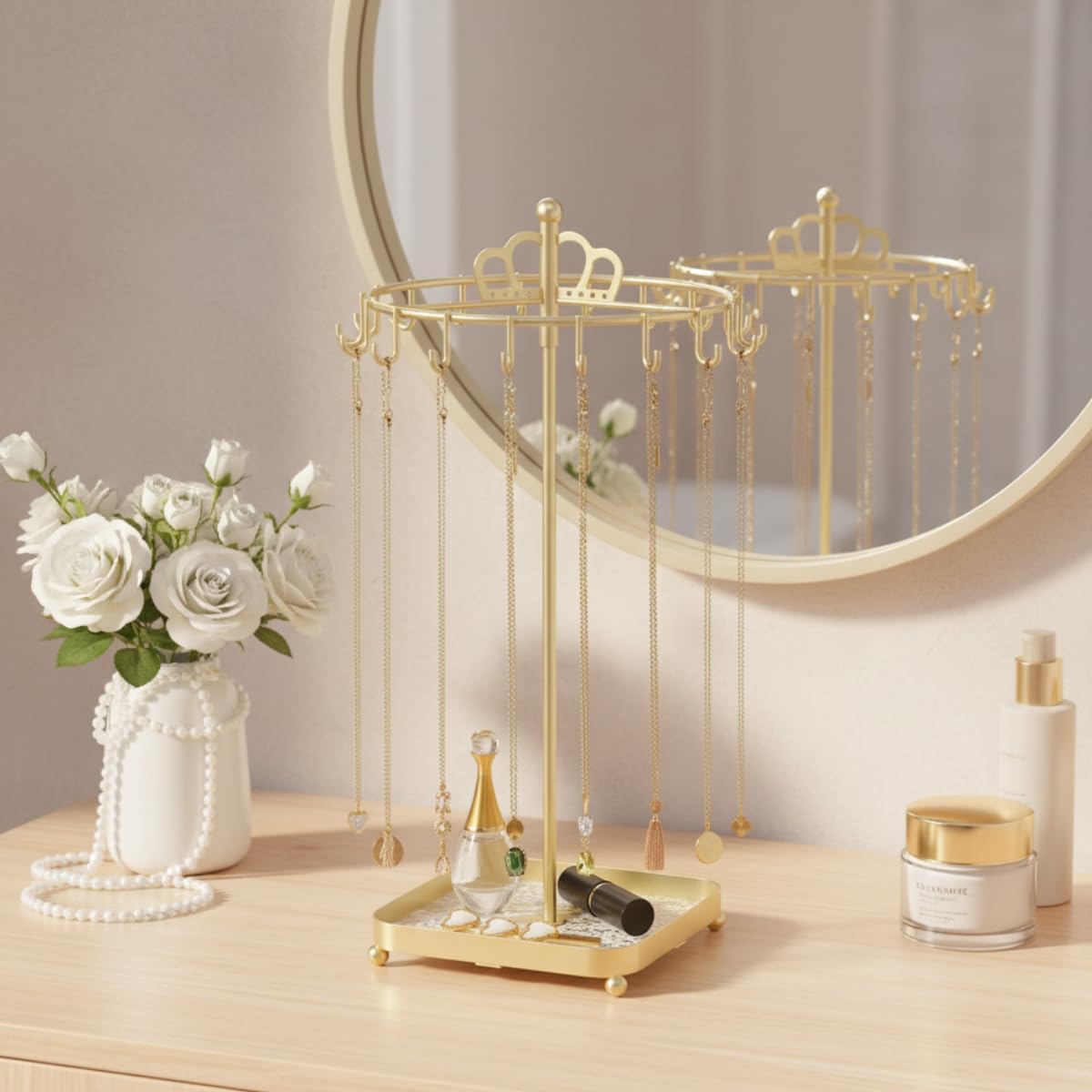 MAYCREATE Rotating Metal Necklace Holder Organizer with Acrylic Tray and 18 Hooks | Space-Saving Jewelry Display Stand