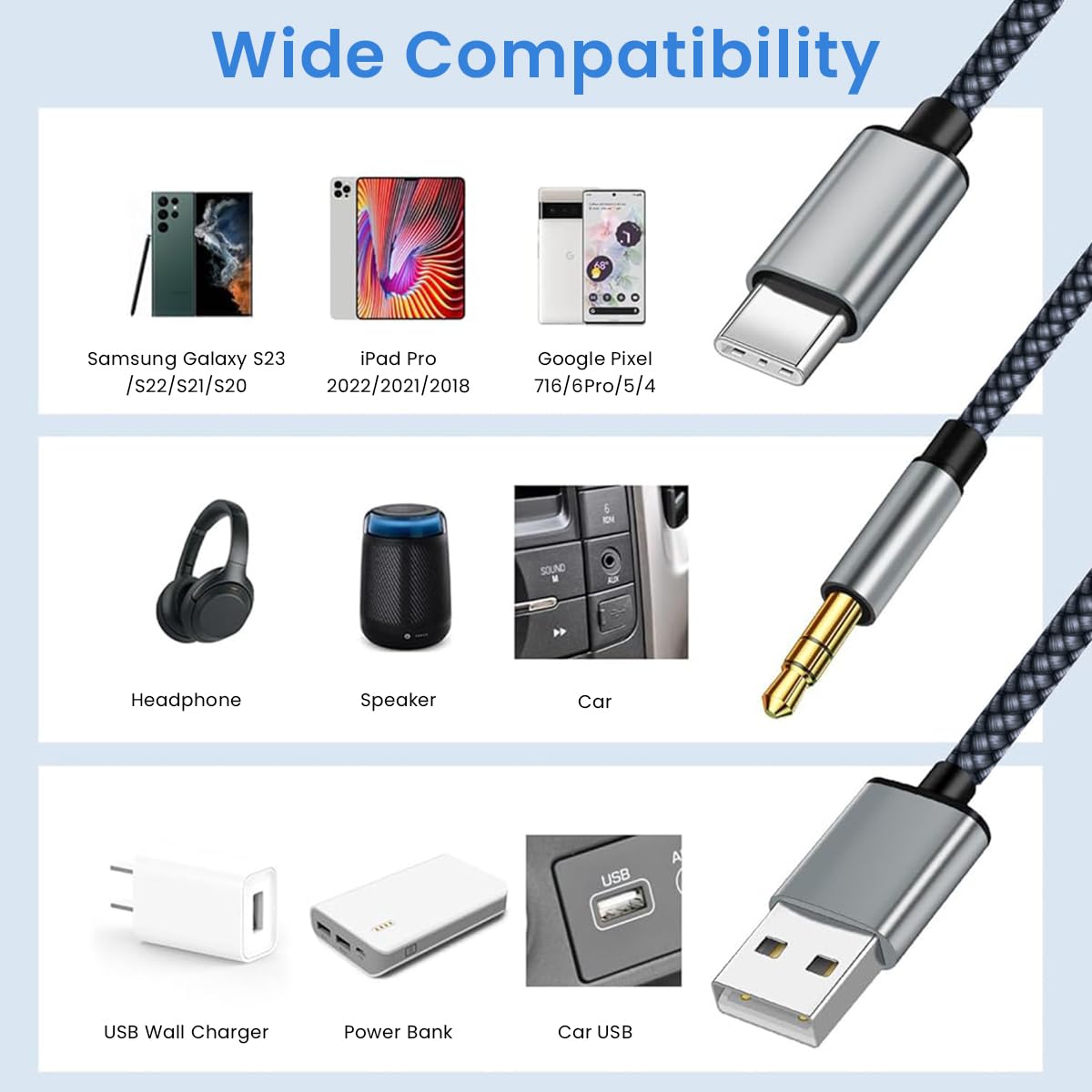 Verilux 2 in 1 Type C to 3.5mm Audio Cable for Car Use featuring Realtek DAC | Nylon Braided